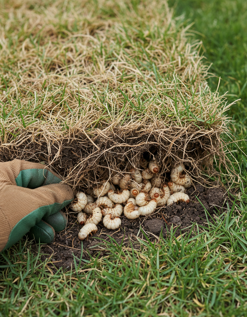 Homeowner revealing white grubs in damaged lawn roots