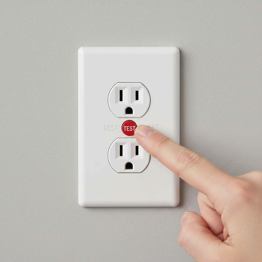 Homeowner's hand pressing the test button on a GFCI outlet to diagnose a tripping problem.