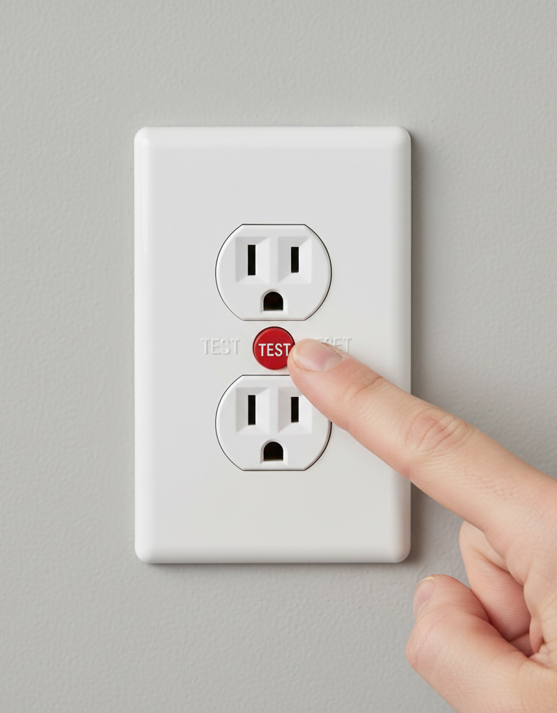 Homeowner's hand pressing the test button on a GFCI outlet to diagnose a tripping problem.