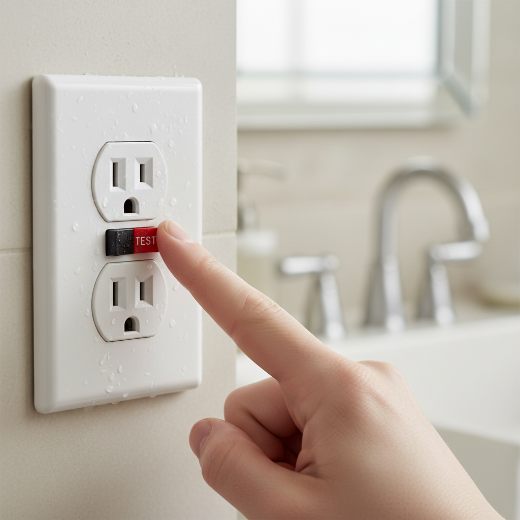 Hand pressing the TEST button on a white GFCI outlet in a kitchen or bathroom setting.