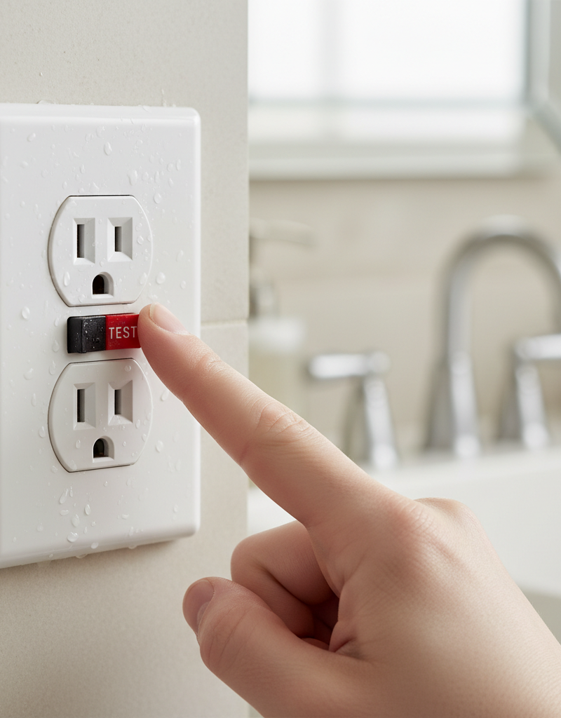 Hand pressing the TEST button on a white GFCI outlet in a kitchen or bathroom setting.