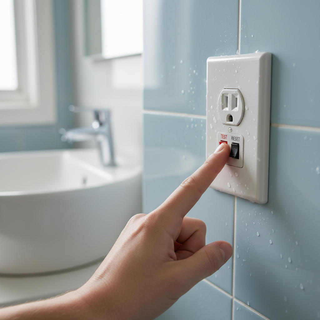Homeowner testing a GFCI outlet in a bathroom by pressing the 'TEST' button