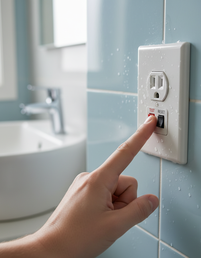 Homeowner testing a GFCI outlet in a bathroom by pressing the 'TEST' button