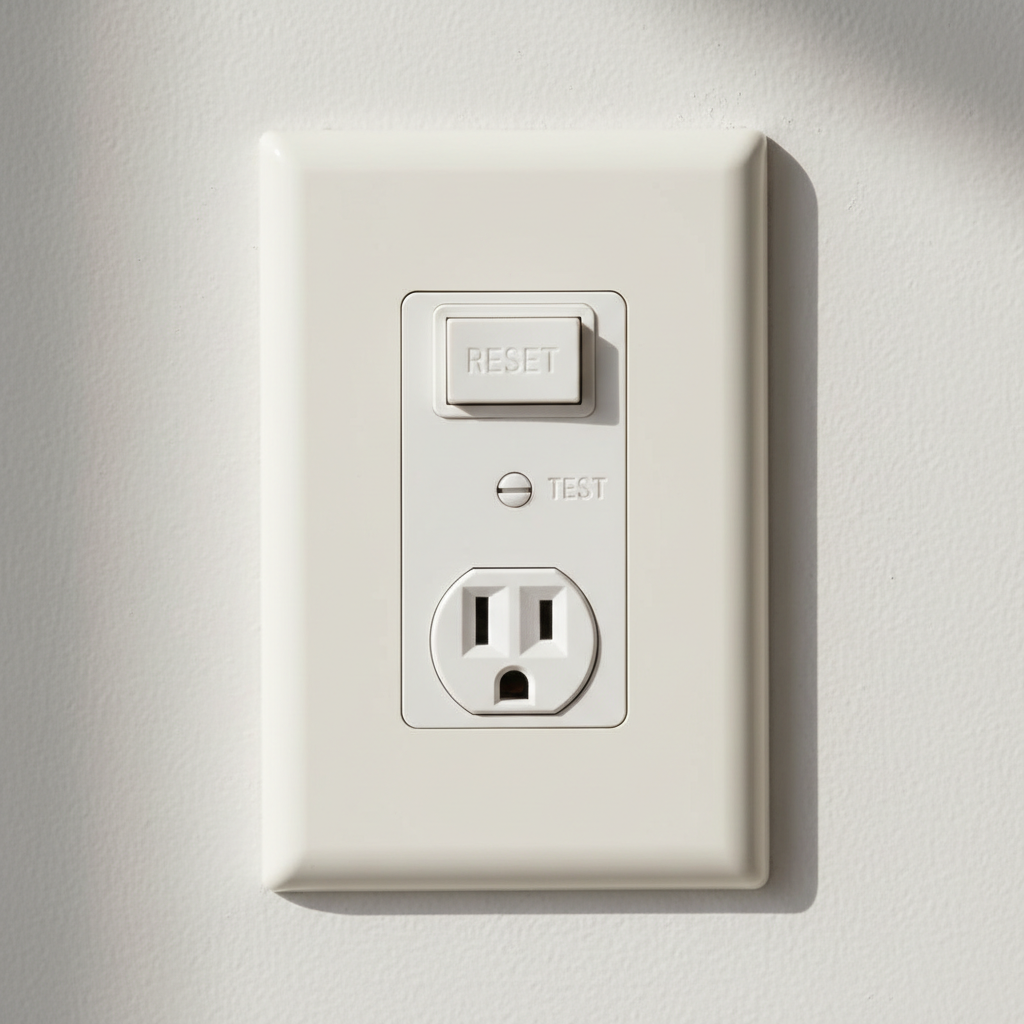 Close-up of a white GFCI outlet's reset button refusing to pop out, indicating a problem.