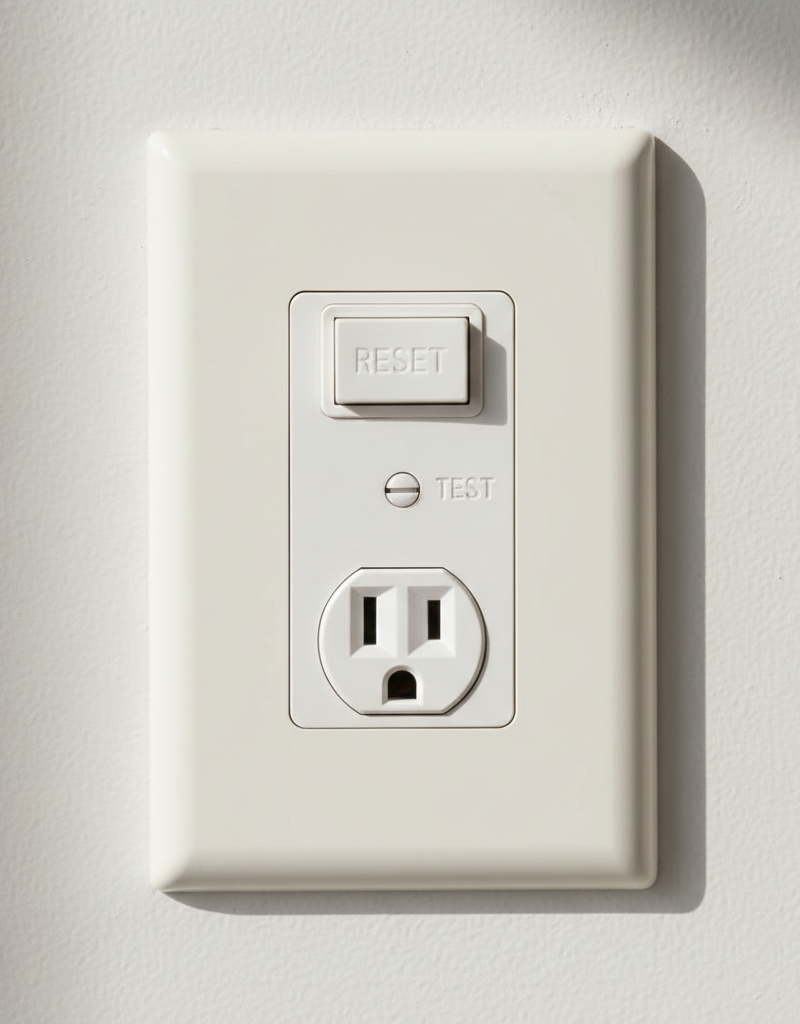 Close-up of a white GFCI outlet's reset button refusing to pop out, indicating a problem.