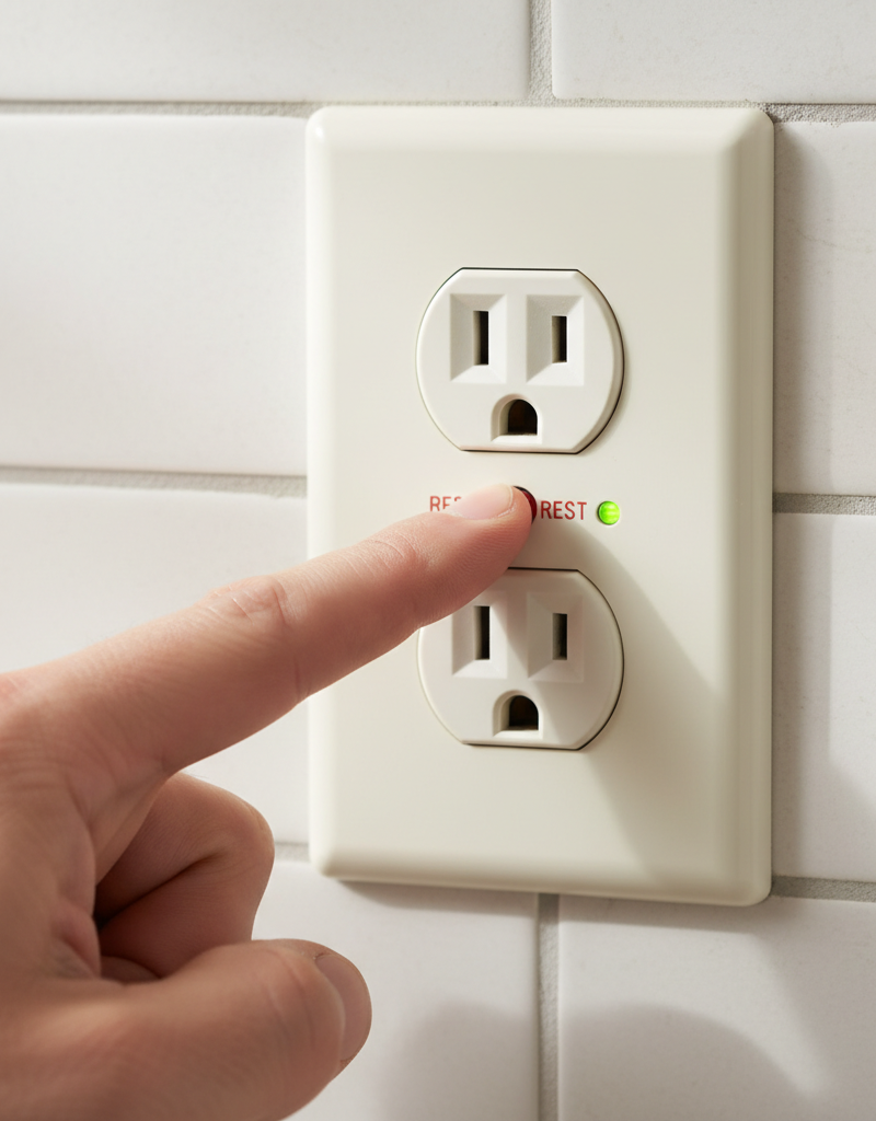 Hand pressing the reset button on a GFCI outlet in a household setting.