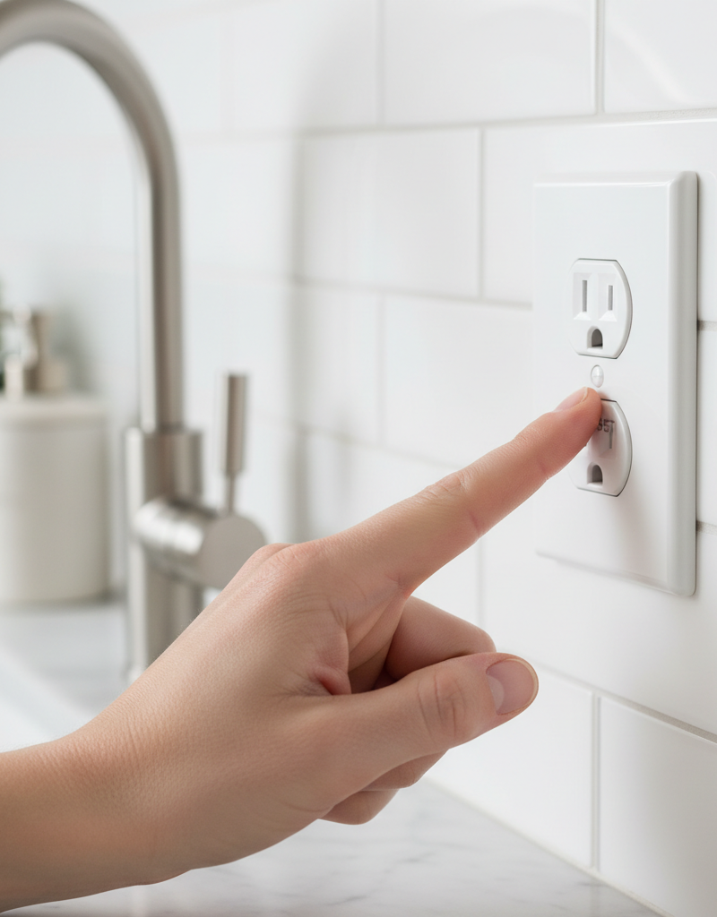 Hand pressing reset button on a GFCI outlet in a kitchen
