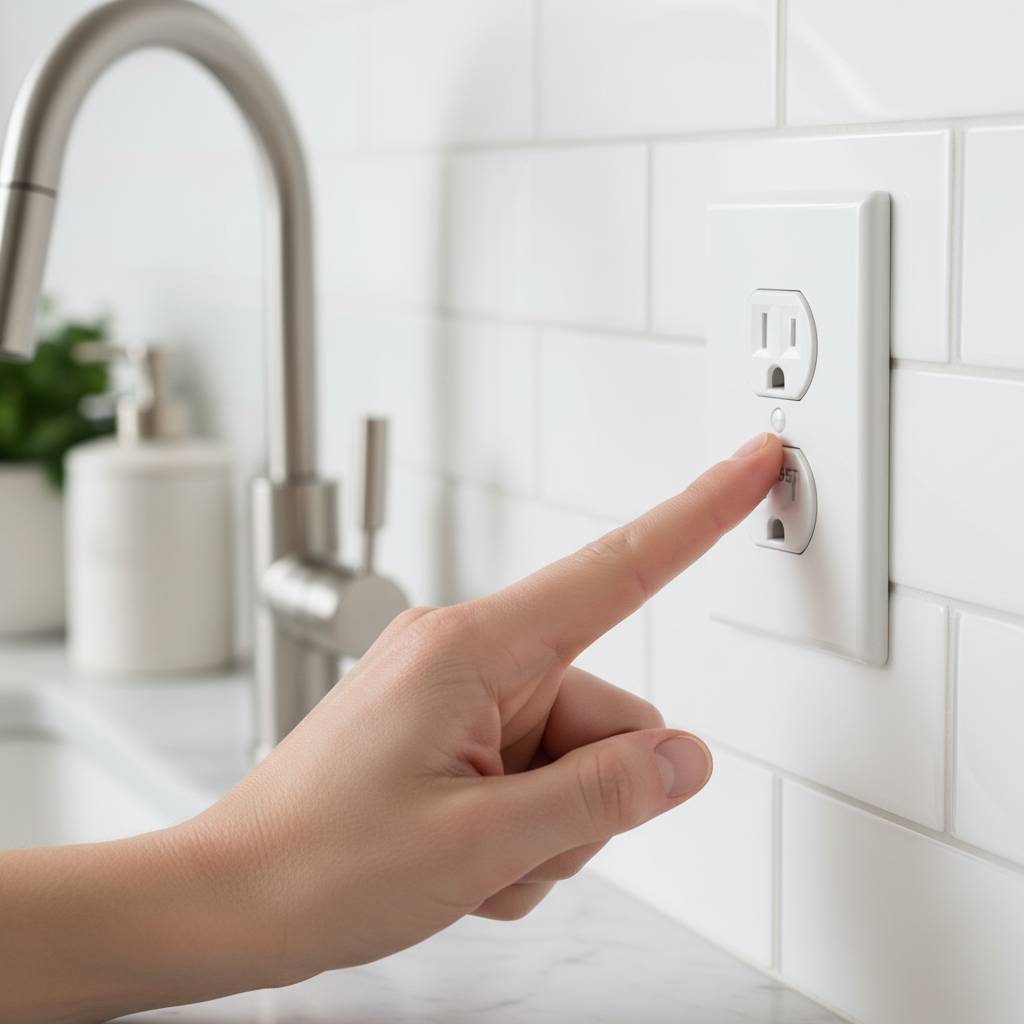 Hand pressing reset button on a GFCI outlet in a kitchen