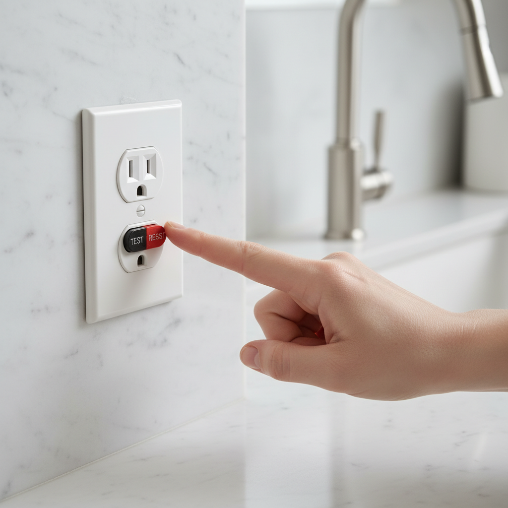 Hand pressing the reset button on a white GFCI electrical outlet in a home.