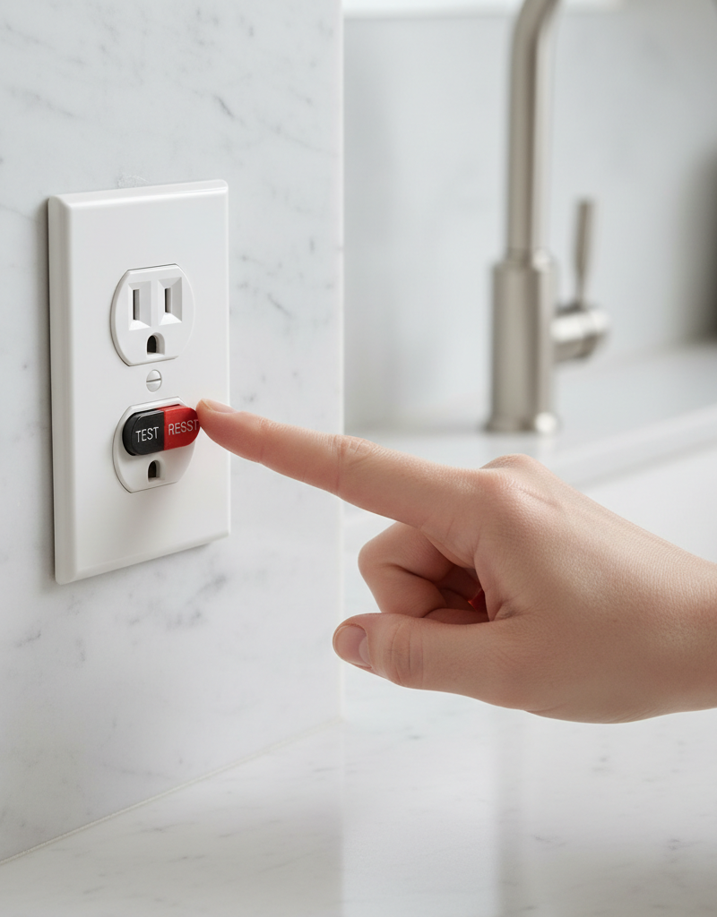 Hand pressing the reset button on a white GFCI electrical outlet in a home.