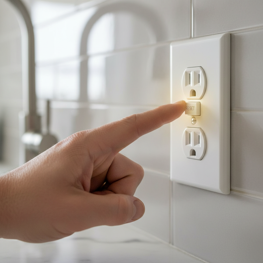 Homeowner pressing the reset button on a GFCI outlet during troubleshooting