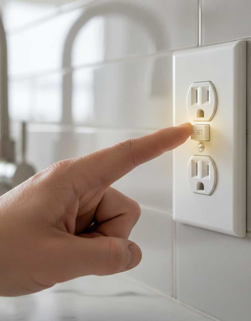 Homeowner pressing the reset button on a GFCI outlet during troubleshooting