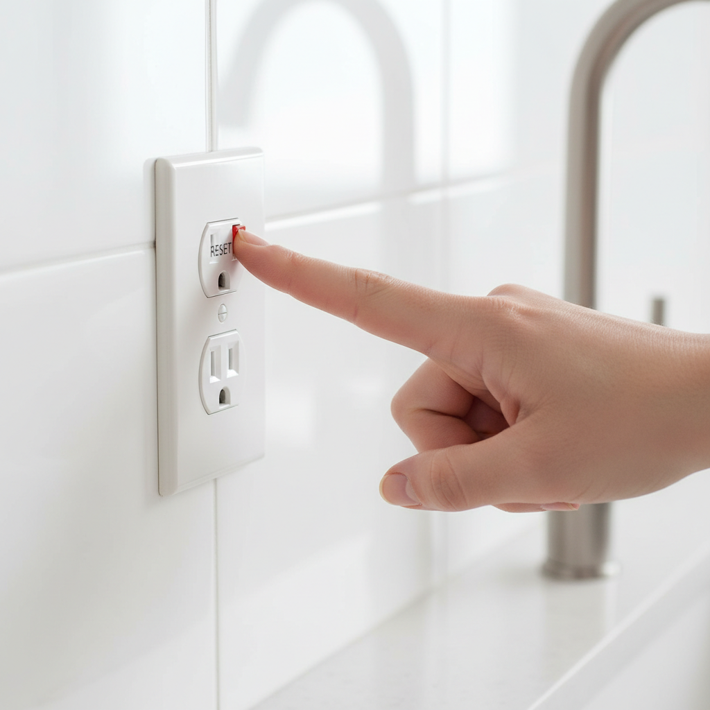 Hand pressing the reset button on a white GFCI electrical outlet.