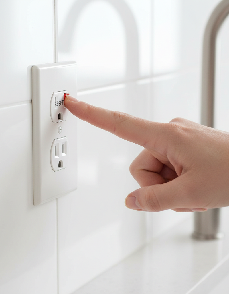 Hand pressing the reset button on a white GFCI electrical outlet.