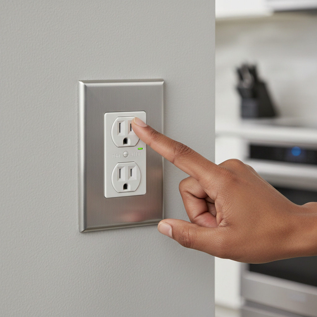 Homeowner's hand pressing the reset button on a white GFCI outlet.