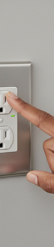 Homeowner's hand pressing the reset button on a white GFCI outlet.