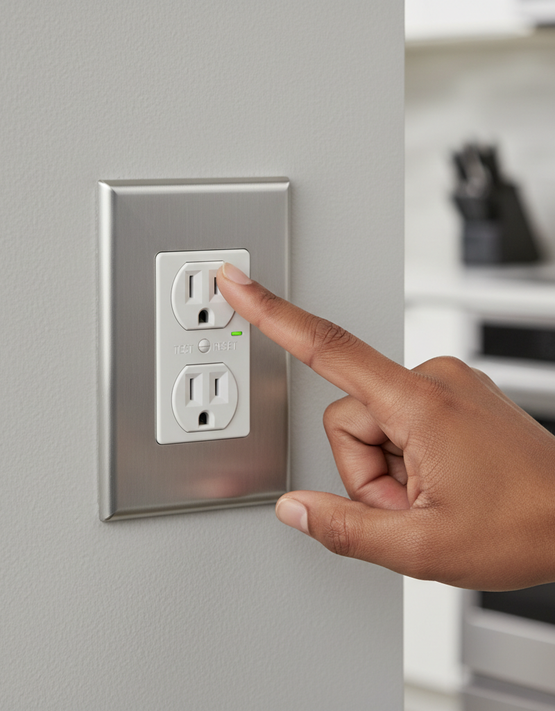 Homeowner's hand pressing the reset button on a white GFCI outlet.