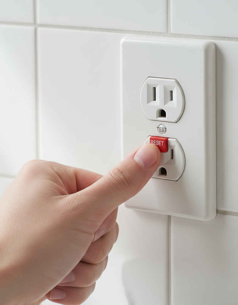 Hand pressing the reset button on a white GFCI electrical outlet.