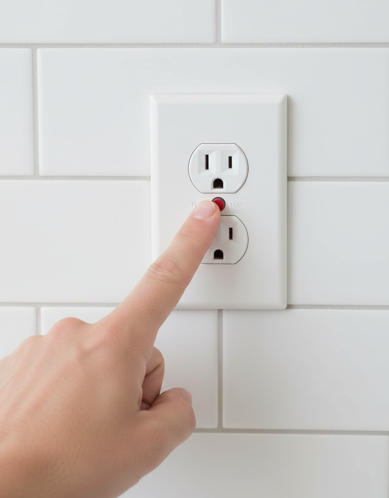 Hand pressing reset button on a white GFCI outlet in a bathroom