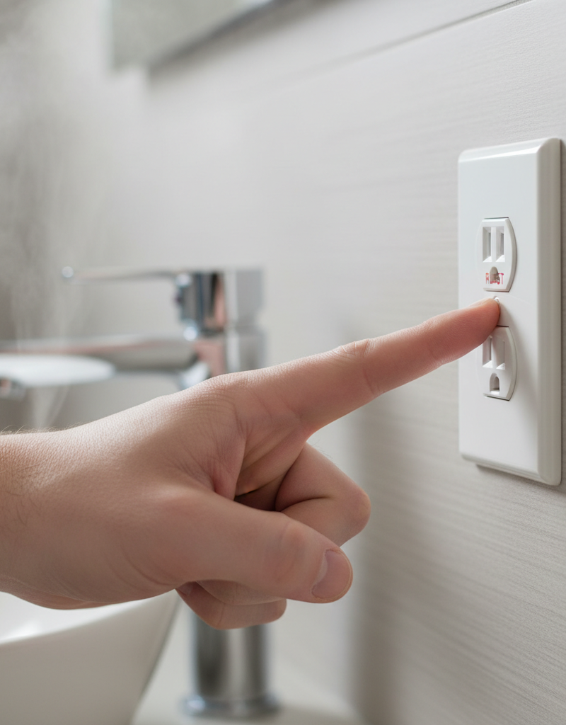Homeowner's hand pressing the reset button on a white GFCI electrical outlet in a kitchen.