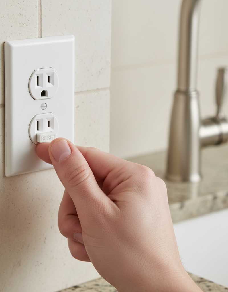Homeowner pressing the reset button on a GFCI outlet that won't reset