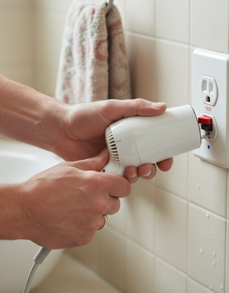 Homeowner safely troubleshooting a GFCI outlet that won't reset by unplugging a device.