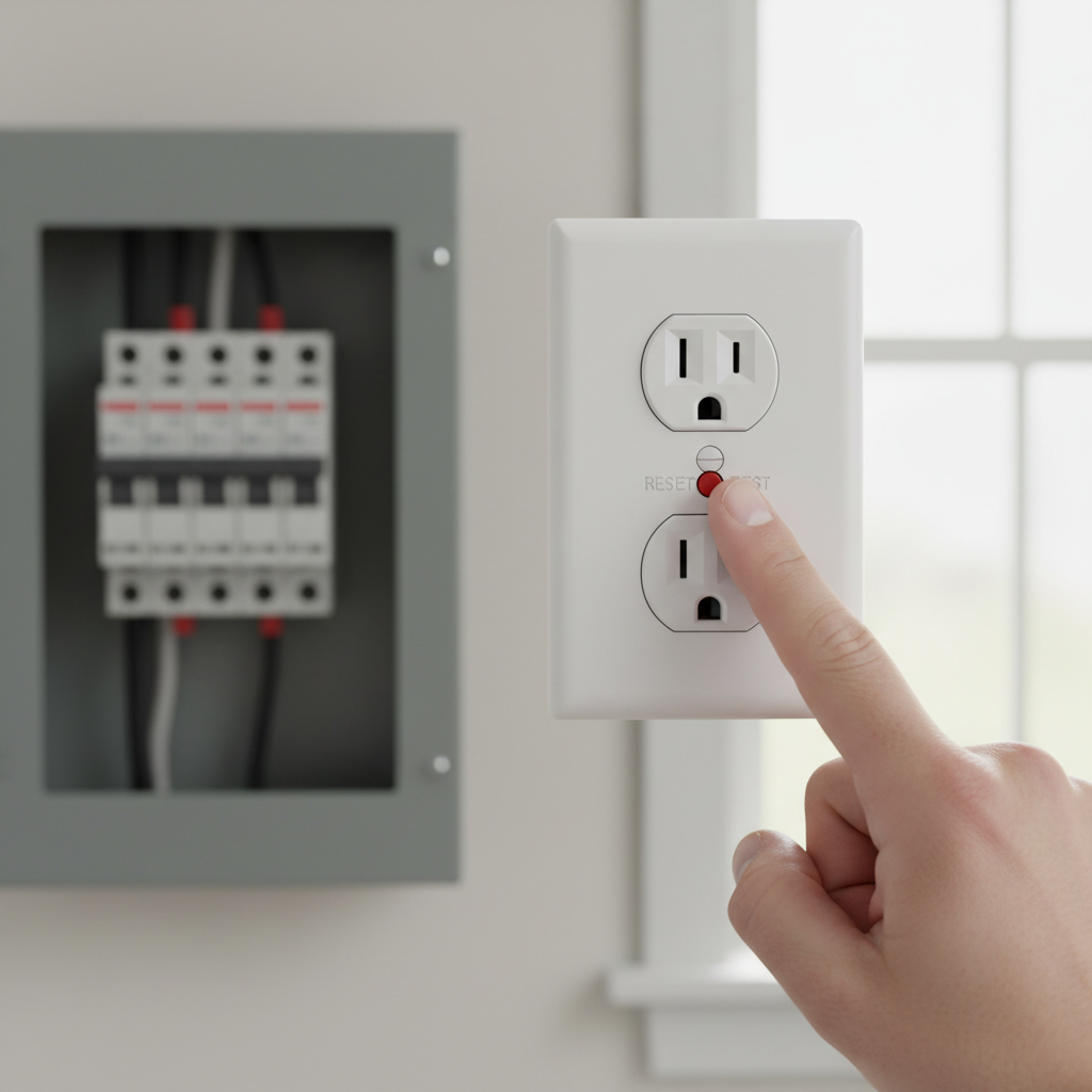 Hand pressing the reset button on a white GFCI electrical outlet in a bathroom