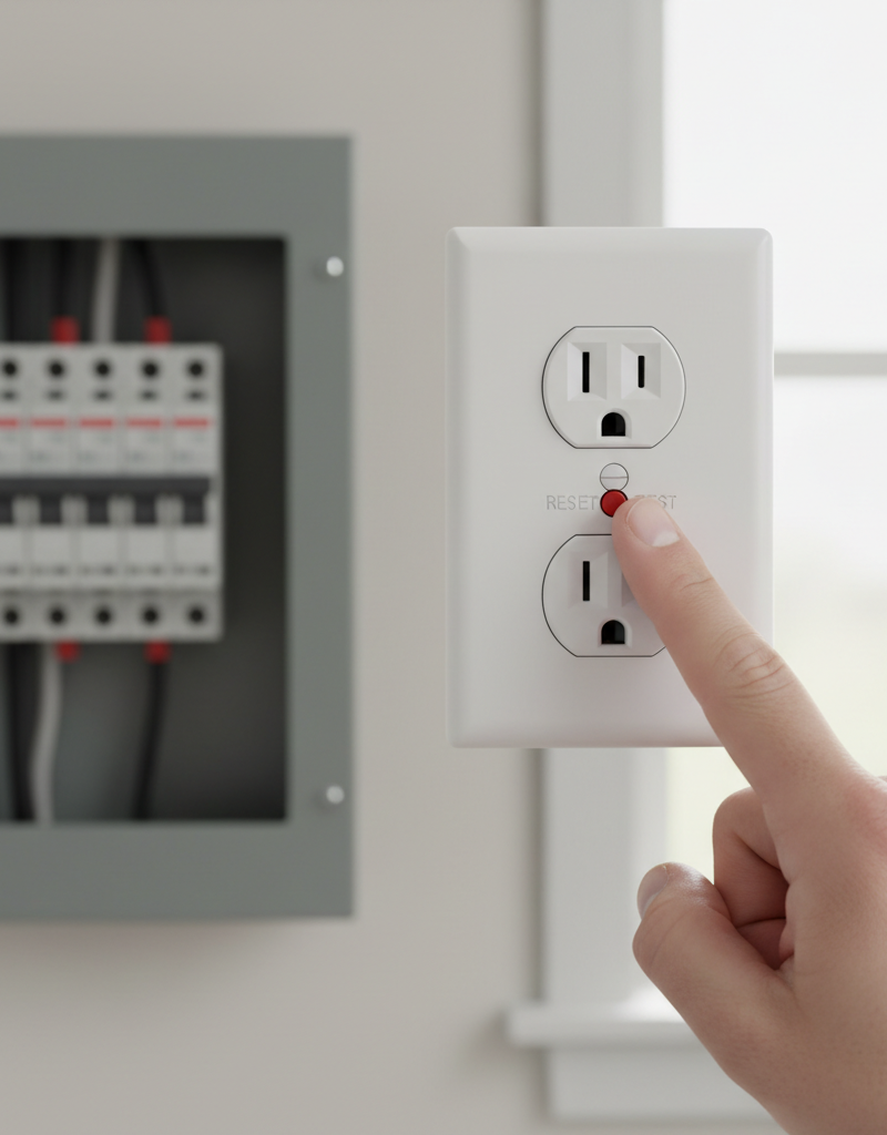 Hand pressing the reset button on a white GFCI electrical outlet in a bathroom