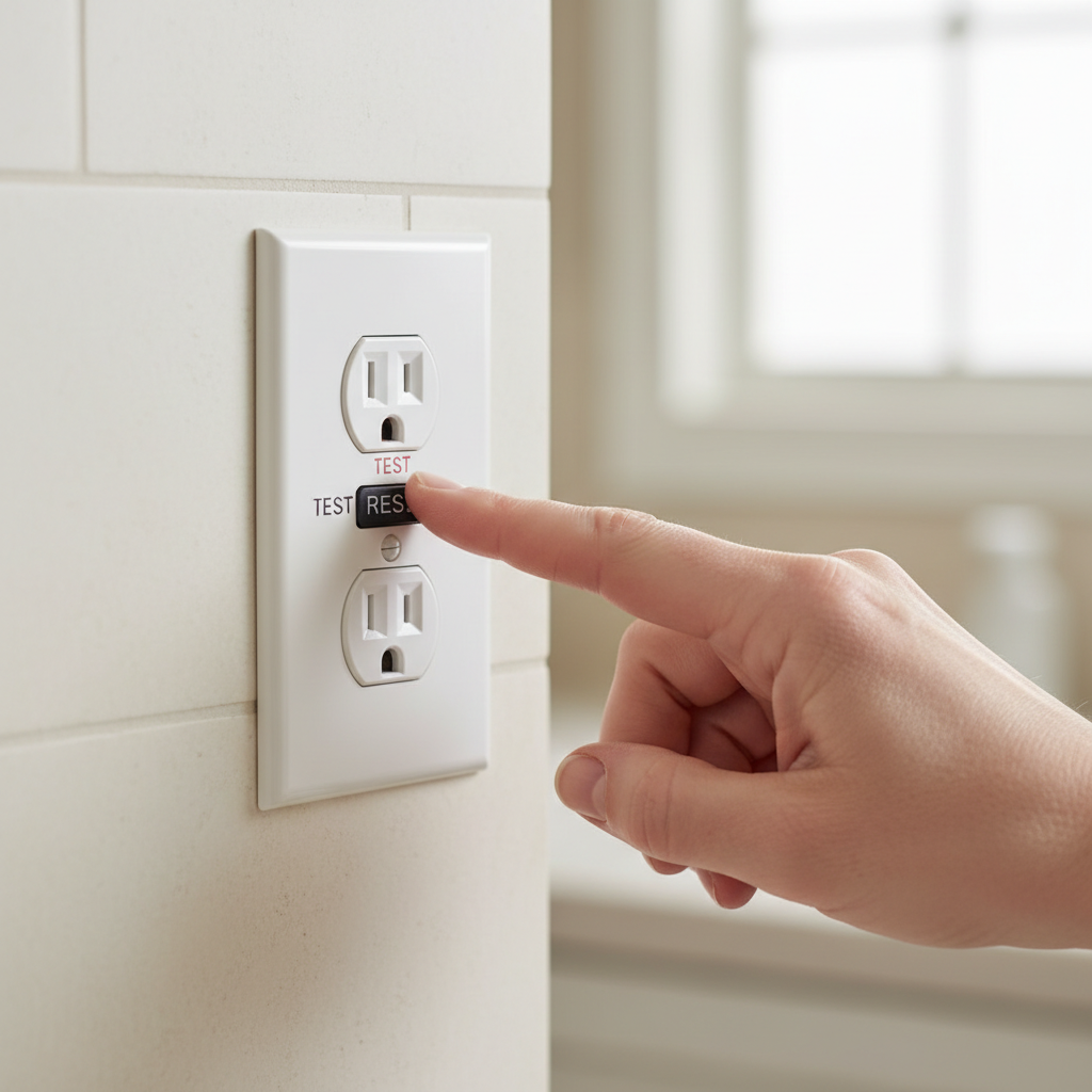 Homeowner pressing the RESET button on a white GFCI outlet that won't reset.