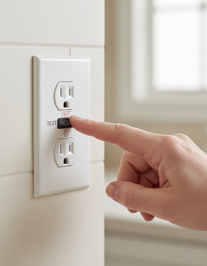 Homeowner pressing the RESET button on a white GFCI outlet that won't reset.