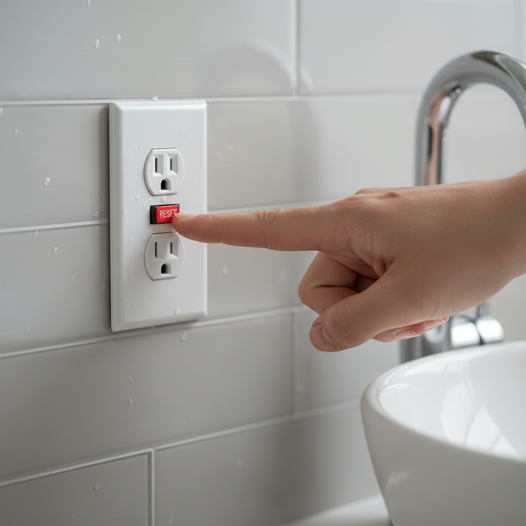 Hand pressing the reset button on a white GFCI outlet in a bathroom