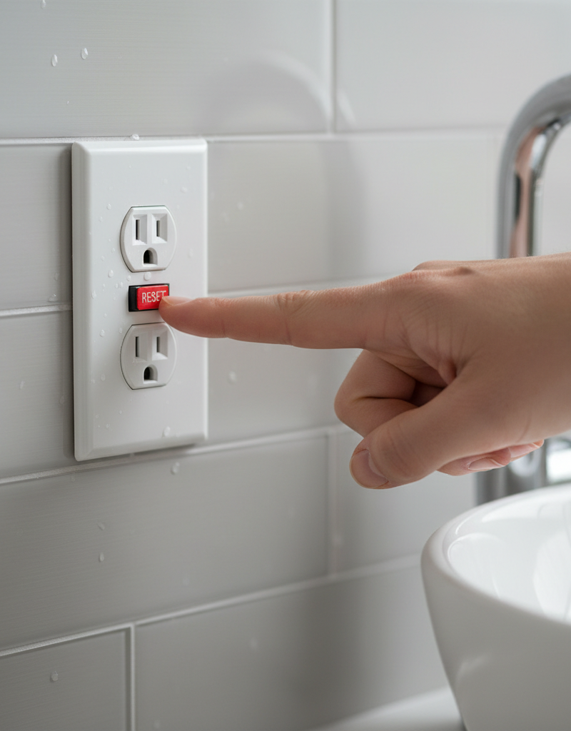Hand pressing the reset button on a white GFCI outlet in a bathroom