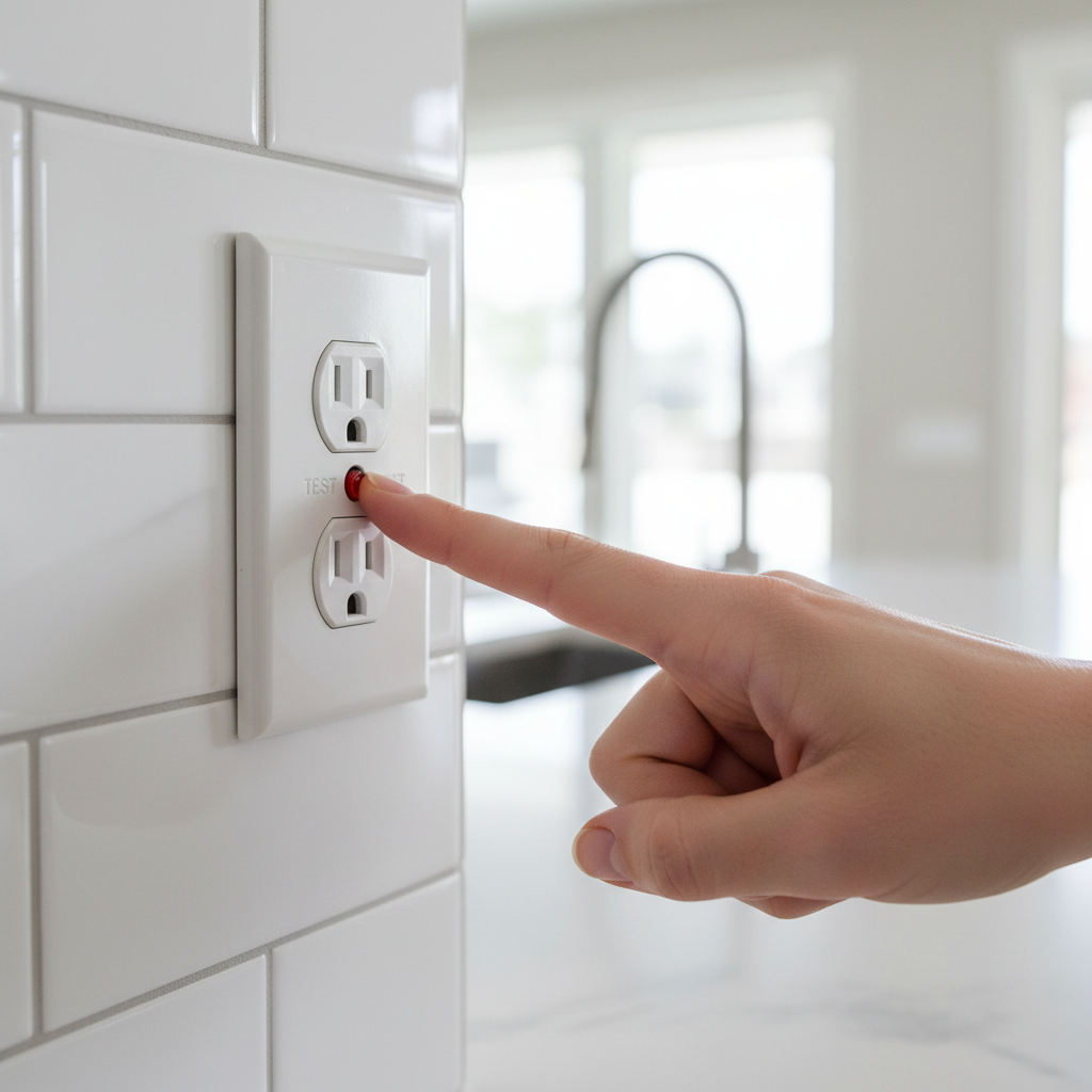 Homeowner pressing the reset button on a white GFCI outlet