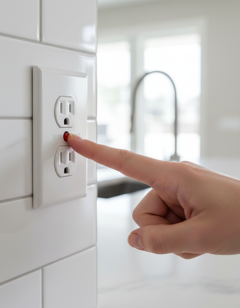 Homeowner pressing the reset button on a white GFCI outlet