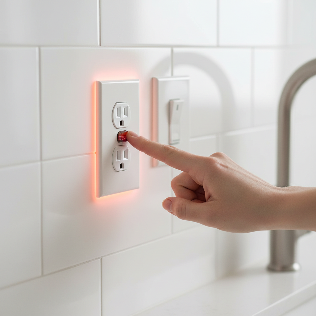 Hand pressing the reset button on a white GFCI outlet that is not resetting.