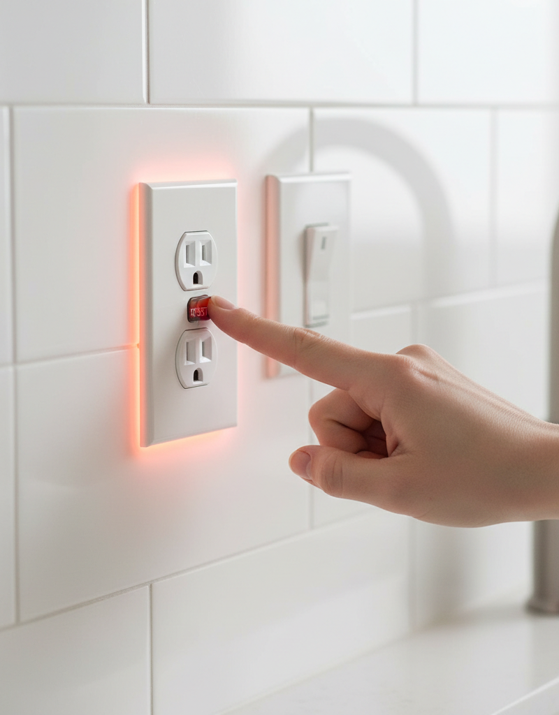 Hand pressing the reset button on a white GFCI outlet that is not resetting.