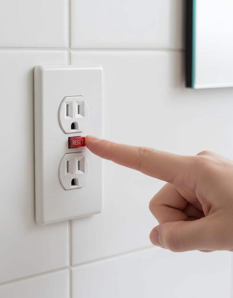 Hand pressing the reset button on a white GFCI outlet in a bathroom.