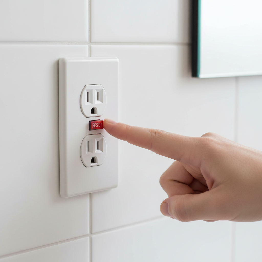 Hand pressing the reset button on a white GFCI outlet in a bathroom.