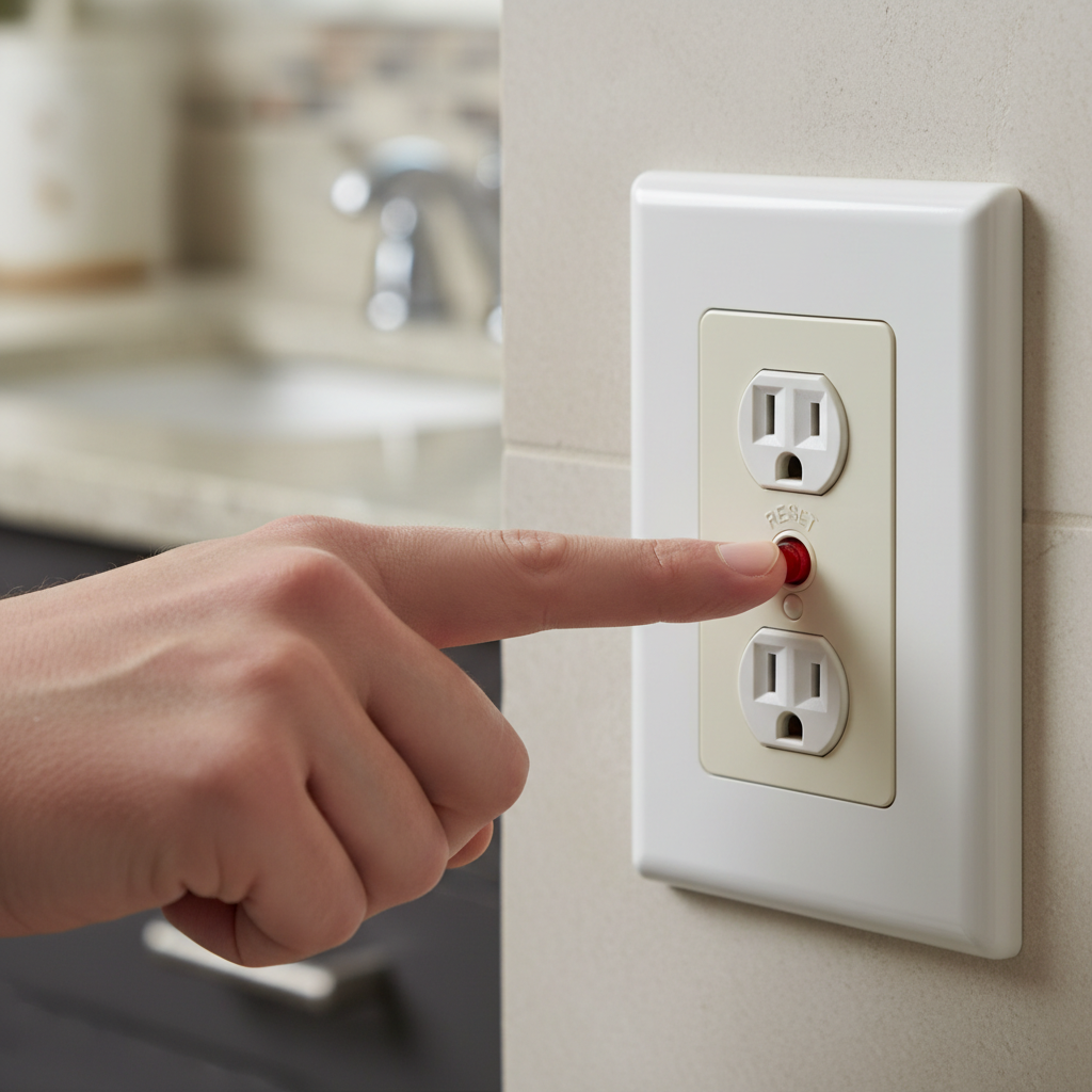 Hand pressing reset button on a white GFCI outlet installed in a wall