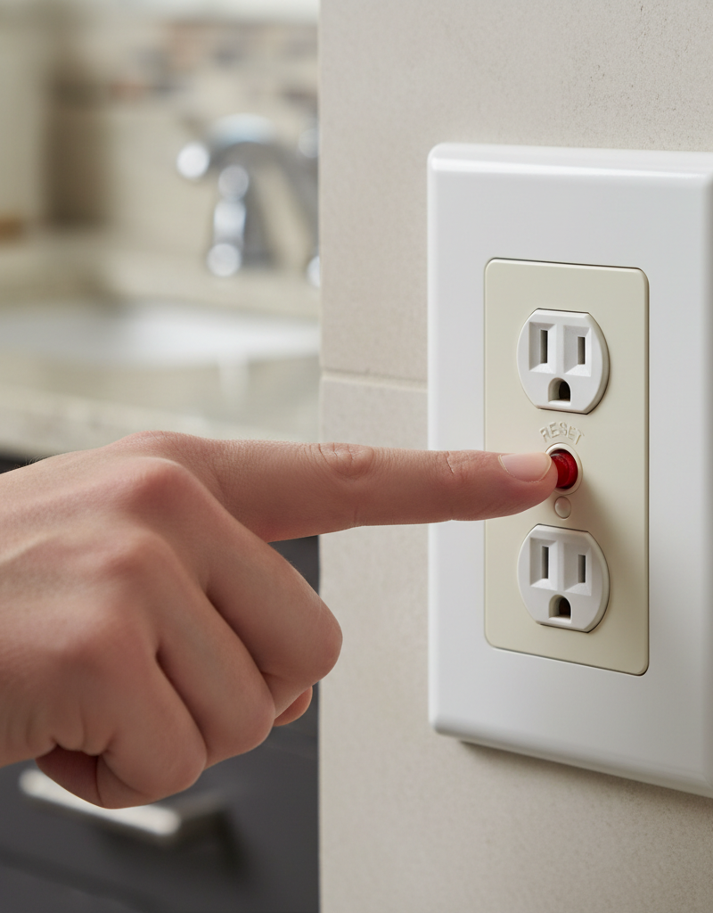 Hand pressing reset button on a white GFCI outlet installed in a wall
