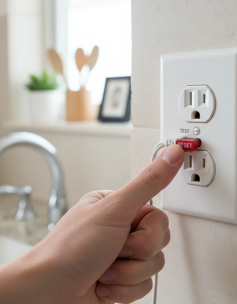 Homeowner pressing the 'RESET' button on a GFCI outlet that won't reset.