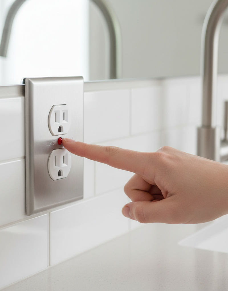 Hand pressing the reset button on a white GFCI outlet in a modern kitchen.