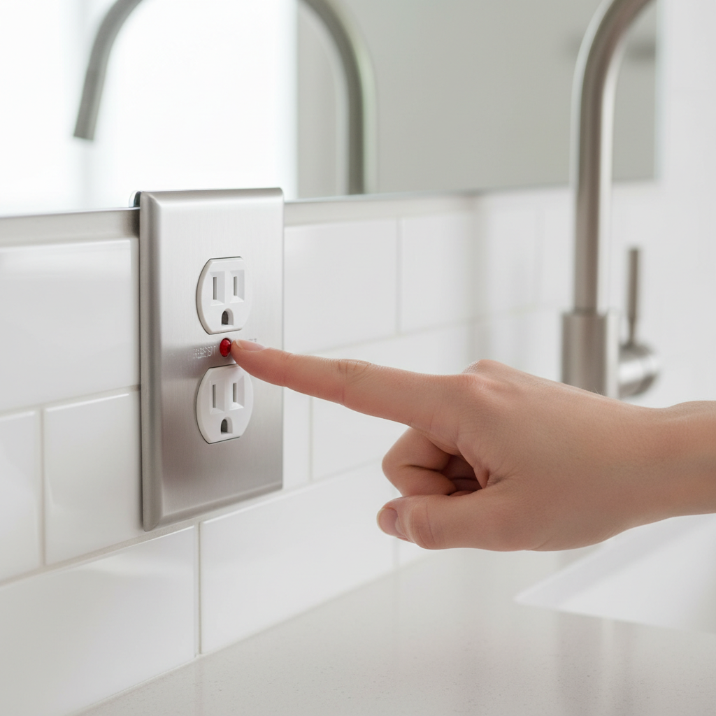 Hand pressing the reset button on a white GFCI outlet in a modern kitchen.