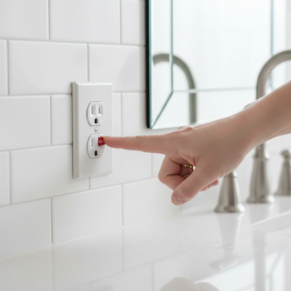 Hand pressing the 'RESET' button on a white GFCI electrical outlet in a home bathroom, troubleshooting a no-power issue.