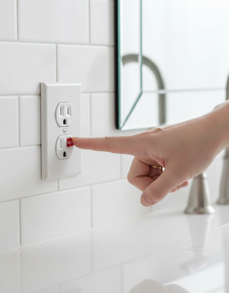 Hand pressing the 'RESET' button on a white GFCI electrical outlet in a home bathroom, troubleshooting a no-power issue.