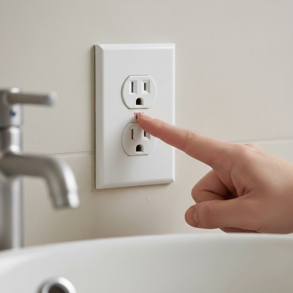 Hand pressing the reset button on a white GFCI outlet in a household setting.