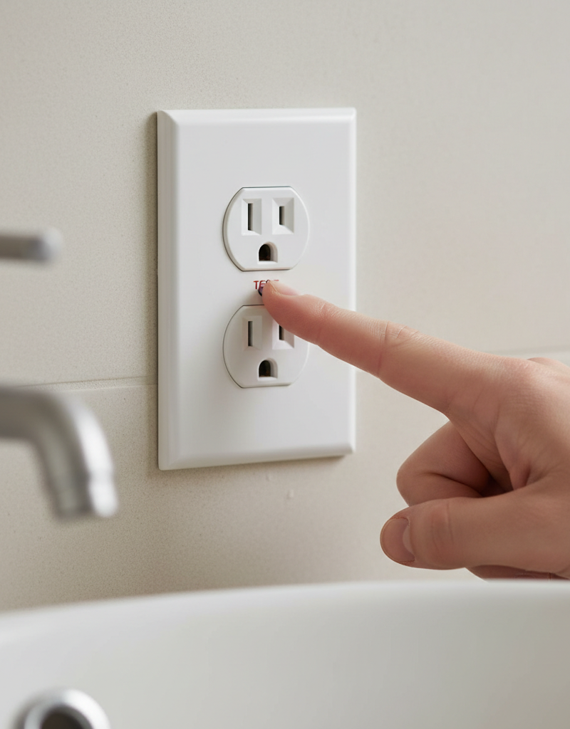 Hand pressing the reset button on a white GFCI outlet in a household setting.