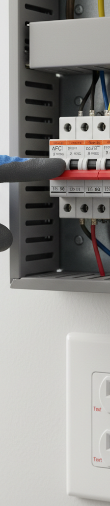 Electrician demonstrating difference between AFCI and GFCI breakers in a modern electrical panel with an outlet