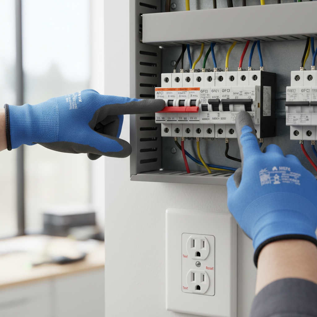 Electrician demonstrating difference between AFCI and GFCI breakers in a modern electrical panel with an outlet
