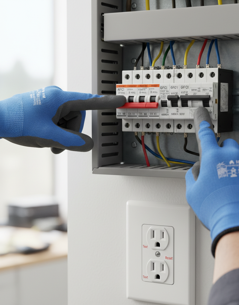 Electrician demonstrating difference between AFCI and GFCI breakers in a modern electrical panel with an outlet